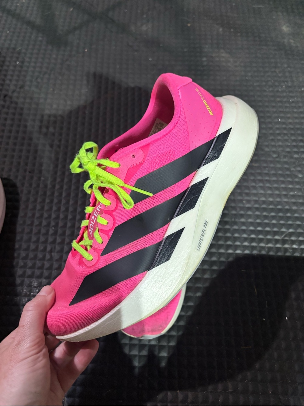 adidas Pink Women's Lightweight Running Shoe with Neon Yellow Laces